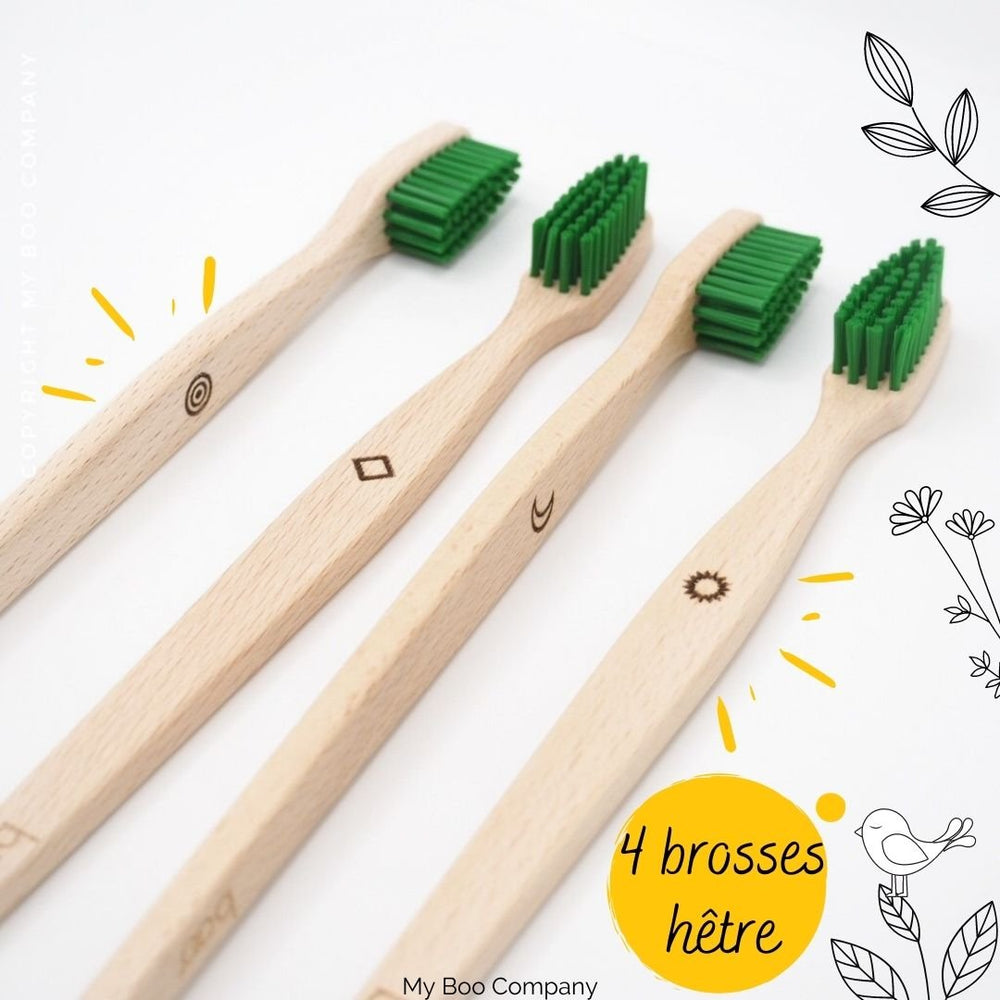 Pack de 4 brosses à dents en hêtre - Adulte souple ou médium - My Boo Company