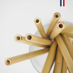 Paille en bambou français et fabriquée en France. le drapeau français apparaît en haut à droite de la photo.